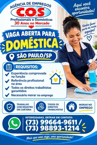 VAGA DE DOMÉSTICA DISPONÍVEL PARA SÃO PAULO