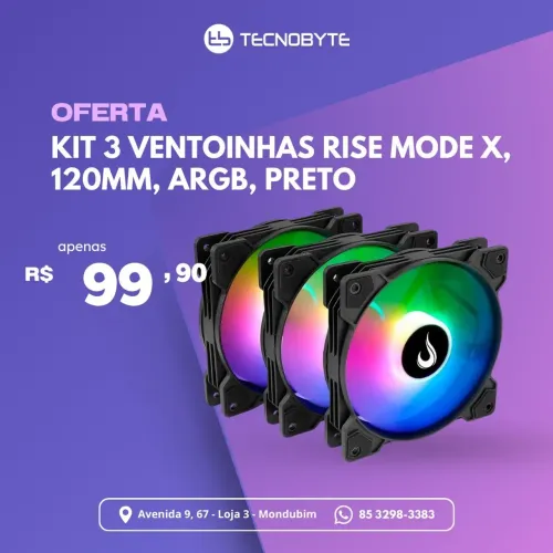Kit 3 Fans/Ventoinhas RiSE Mode X, 120mm, ARGB, Preto