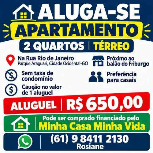 Alugo apartamento 2 quartos térreo no Parque Araguari, Cidade Ocidental-Go