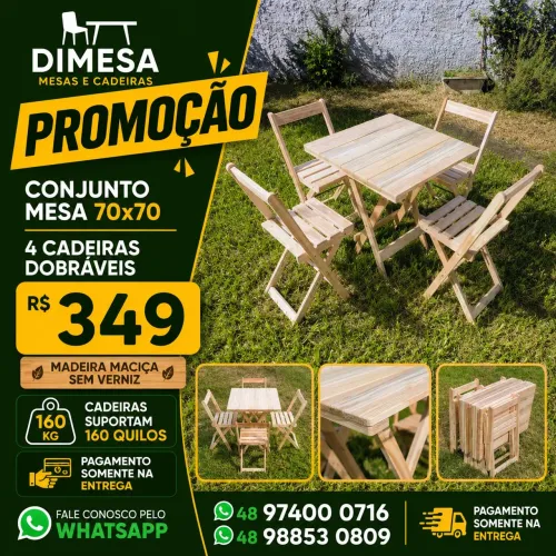 Kit 70x70 madeira maciça natural 4 cadeiras