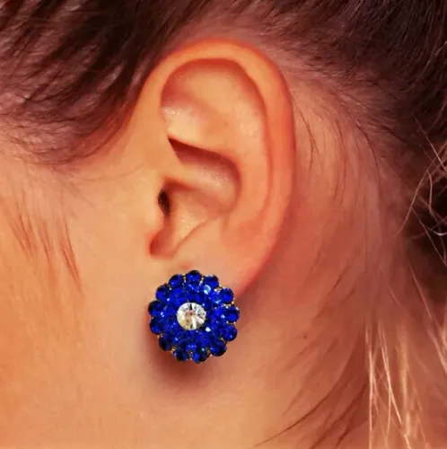 Par de Brincos Feminino - Flor Azul-escuro com Pedrinhas Brilhantes