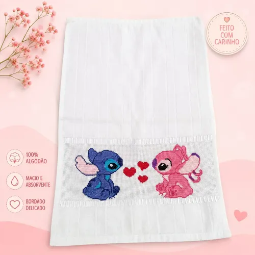 Toalha de Rosto Infantil Bordada em Ponto Cruz - Stitch e Angel ?