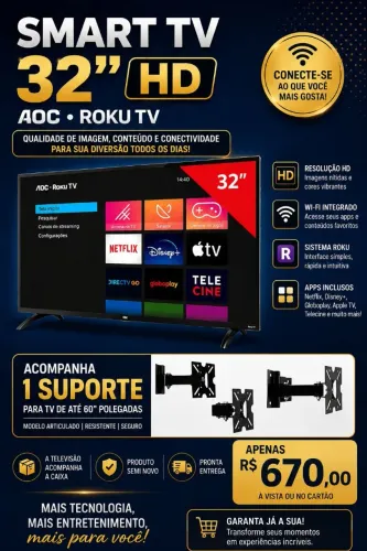 Smart tv 32' Aoc Roku TV com suporte articulado de parede
