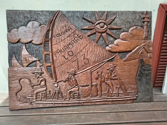 Painel Antigo Em Madeira Entalhada À Mão - Colônia De Pescadores Z3 - Arte Popular Da Bahi