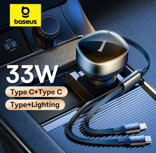 Carregador de carro Baseus 33W com 2 cabos - Tipo C e Lightning