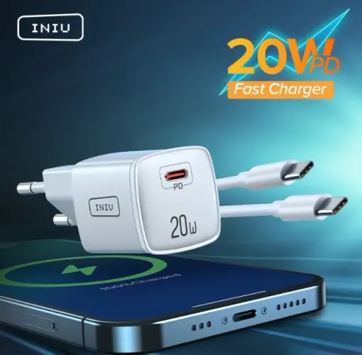 Carregador turbo Iniu usb c 20w + Cabo de 1M tipo C ou lightning