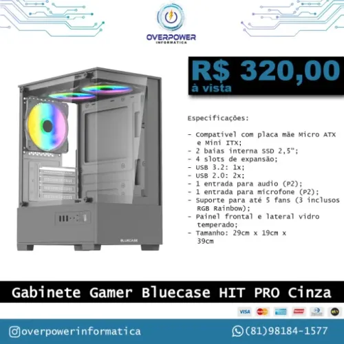 Gabinete gamer HIT Pro Cinza com 3 fans RGB