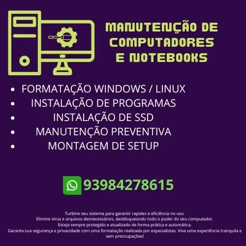 Formatação, instalação de sistemas e programas e manutenção de micros.