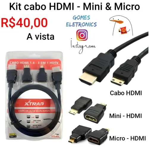 kit Adpatador HDMI 3 em 1 - Cabo +  Mini HDMI e Micro Hdmi R$40,00 