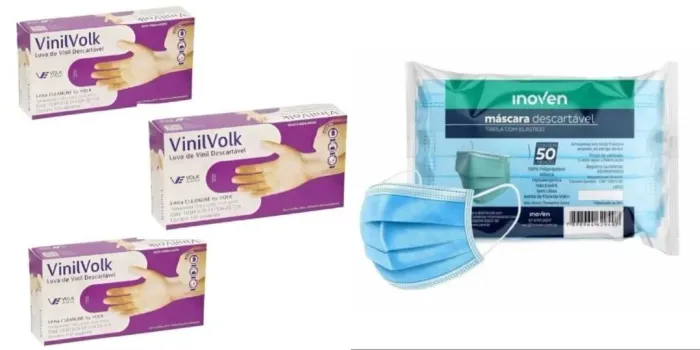 Luvas Vinil 3cxs mais Máscaras descartáveis 1cx