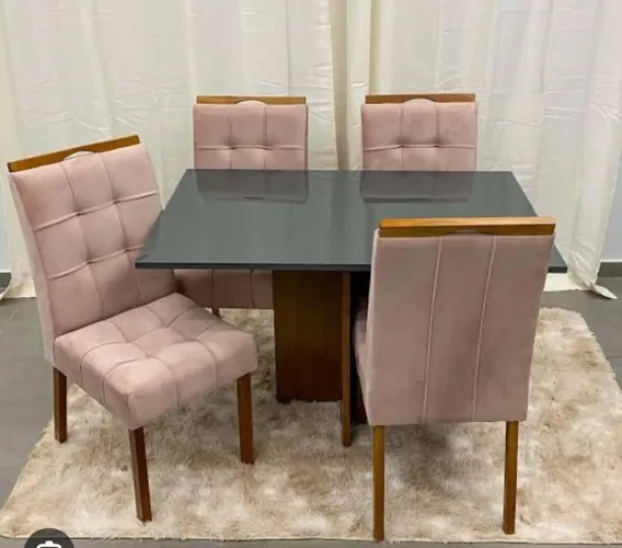 Mesa Tampo de Vidro Preto ou Off White com 4 Cadeiras Rose