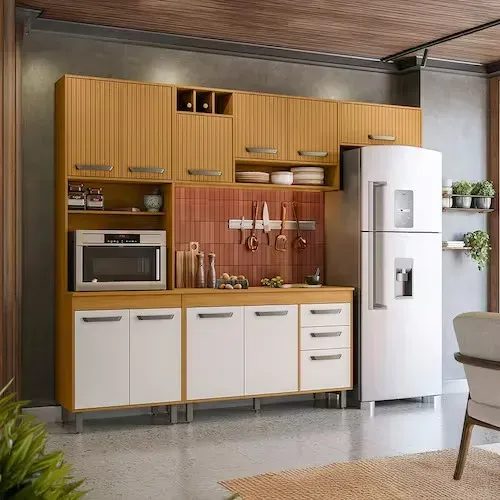 Cozinha Compacta Malta + Balcão com Tampo 4 Peças Freijó/ripado/off Acetinado - Poliman Fr