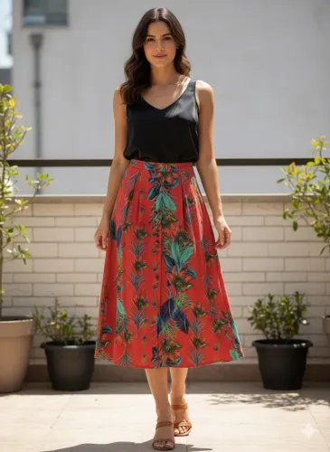 Saia mídi tam P vermelha estampa floral Cantão Zé