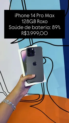 iPhone 14 Pro Max / 128GB / Roxo / Saúde de bateria 89% / R$ 3.999,00
