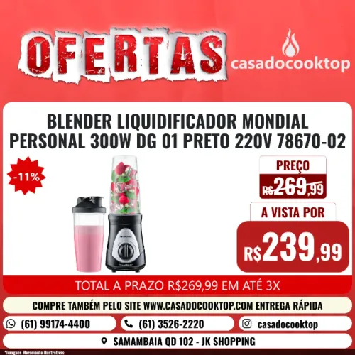 BLENDER LIQUIDIFICADOR MONDIAL PERSONAL 300W DG 01 PRETO 220V 78670-02