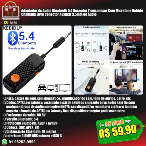 Adaptador de Audio Bluetooth 5.4 Receptor Transmissor Com Microfone Kebidu