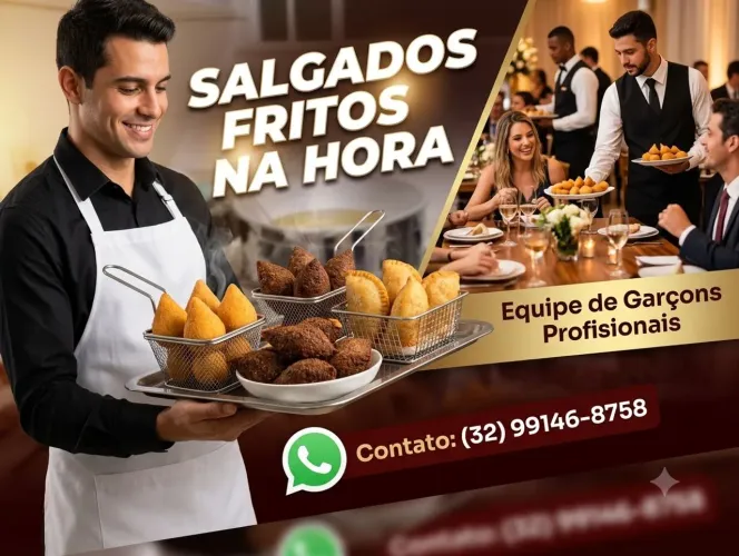 Salgados fritos na hora e equipe de garçons 