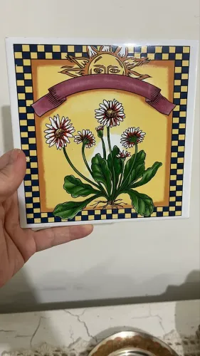 Azulejo Decorativo Vintage - Tema Sol e Margaridas - Cerâmica Chinesa Heli