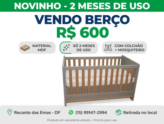Berço Bebê MDF Cinza com Madeira - Só 2 Meses de Uso + Colchão e Mosquiteiro