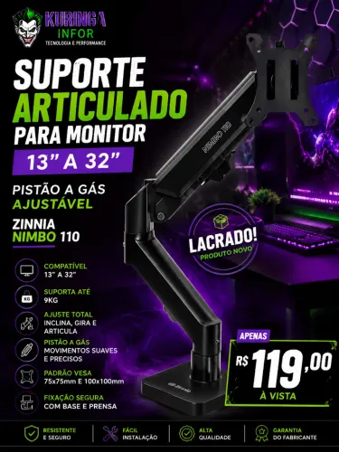 Suporte Articulado para Monitor 13 a 32, Pistão a Gás Ajustável Zinnia Nimbo 110 - preto.