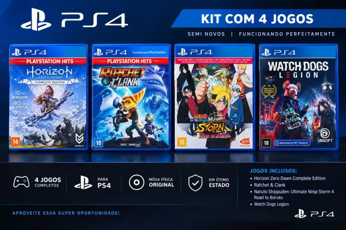 Kit 4 Jogos PS4 | Horizon, Ratchet & Clank, Naruto e Watch Dogs