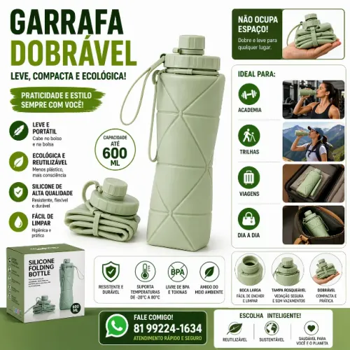 garrafa dobrável silicone 600ml camping viagem leve compacta