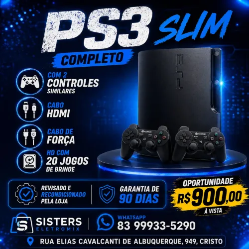PlayStation 3 Slim seminovo com 2 controles e 20 jogos no HD 