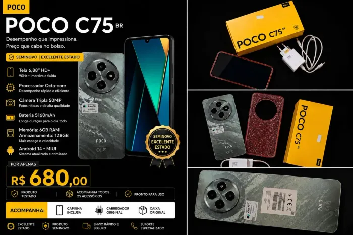 POCO C75 SEMINOVO IMPECÁVEL + ACESSÓRIOS - SÓ R$ 680