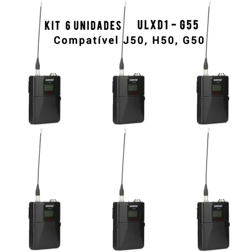 Kit 6 Unidades de Bodypack Microfone ULXD1 G55 Compatível com Receptor ULXD J50, H50, G50