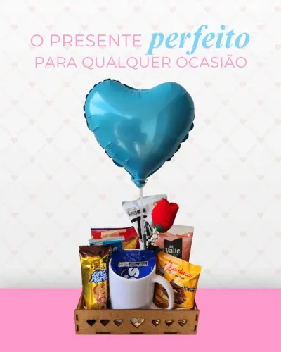 Cesta Presente Personalizada com Balão e Caneca ou Azulejo - Dia das Mães / Aniversário