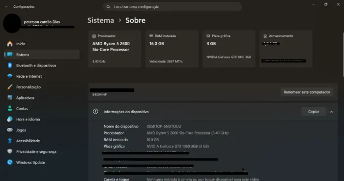 PC Ryzen 5 2600 - 16 Gb RAM - ASUS GTX1060 3Gb - Fonte corsair VS400