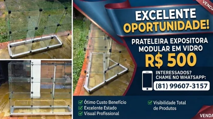 Prateleira expositora modular em vidro