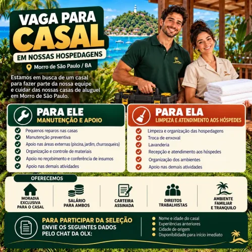 Vaga para casal  com moradia em Morro de São Paulo / Bahia