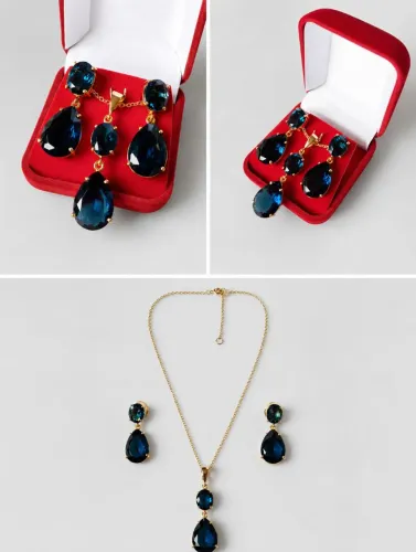 Conjunto Semi Joias Gotas Azul - Folheado a Ouro 18k