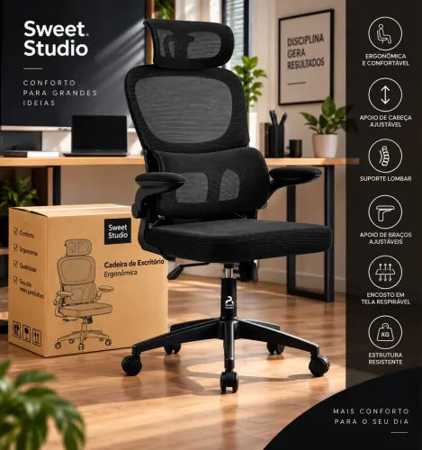 Cadeira Ergonômica Sweet Studio Preta - Confortável e Ajustável