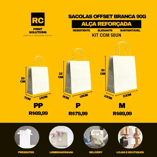 Sacolas de papel Offset Branca 90g/120g - Tamanhos PP, P, M e G - Kit com 50 unidades