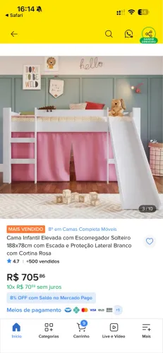 Cama infantil elevada com escorregador