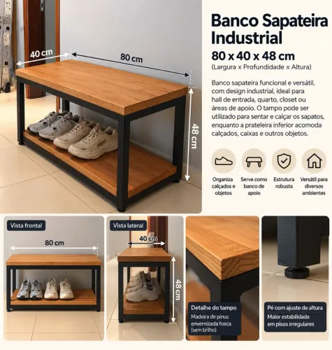 Banco Sapateira Industrial em Aço e Madeira - 80 cm