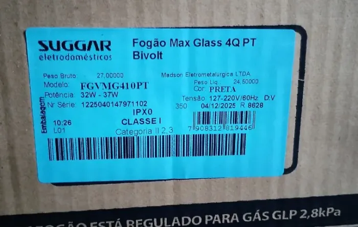 Fogão max glass 4q pt bivolt da marca suggar preto
