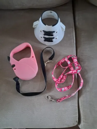 Itens pet: cone (Colar Elizabetano) + 2 guias, sendo uma retrátil