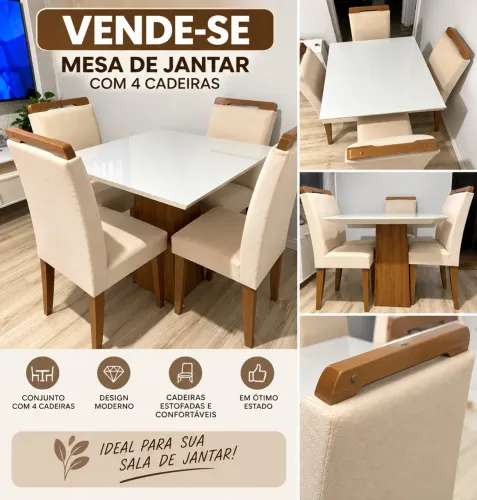 Mesa de Jantar Branca + 4 Cadeiras Estofadas - Linda e Conservada ?