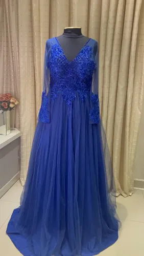 VESTIDO AZUL ROYAL PEDRARIA, MANGAS, FORMATURA, CONVIDADA, MÃE