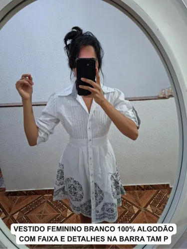 Vestido Feminino Branco 100% Algodão com Faixa e Detalhes na Barra Tam P