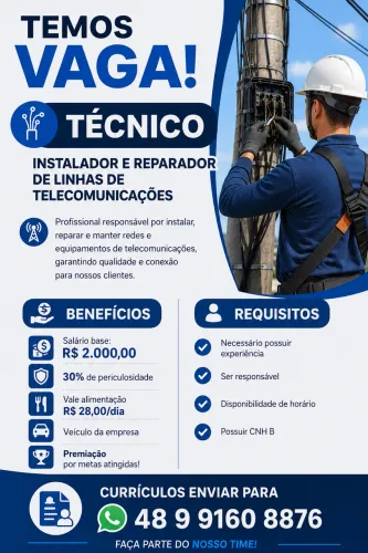 Vaga Técnico Instalador e Reparador de Linhas de Telecomunicações 