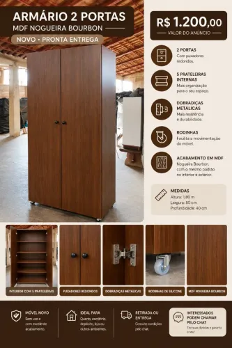 Armário Novo 2 Portas MDF Nogueira Bourbon 1,80m