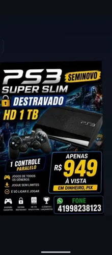 PS3 SUPER SLIM DESTRAVADO SEMINOVO HD 1 TB,1 CONTROLE, ACESSO A 10000 JOGOS, GARANTIA,