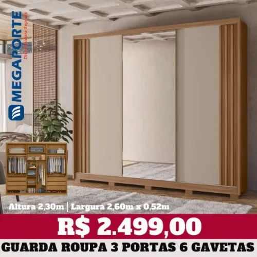 Guarda Roupa Casal 3 Portas de Correr com Espelho 6 Gavetas (Novo) Entrega Grátis!
