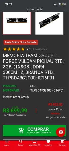 Memória ram vulcan 8gb 3000hz