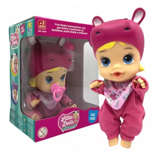 Boneca Bebê Little Dolls Soninho - Faz xixi - Gorro de Hipopótamo - Rosa