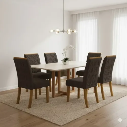 Mesa de Jantar 6 Lugares 160cm Natalí Nature/Off White + Kit 6 Cadeira Arizona Nature/Marr